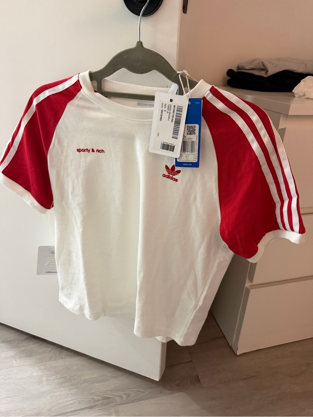 Sporty & Rich White Tee with Red Raglan Sleeves